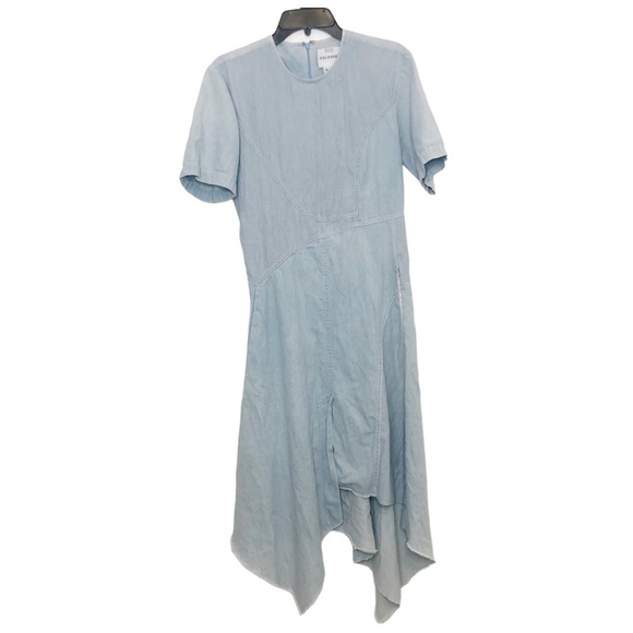 Colovos Midi Dress Chambray Seamed Two Tone Short Sleeve Asymmetrical Hem Small - Picture 2 of 16